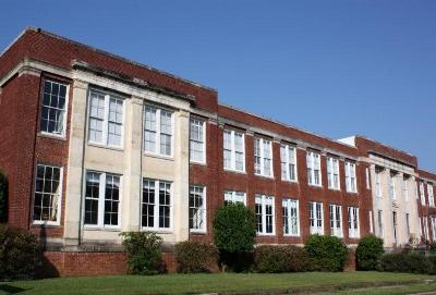 Wide shot of former high school